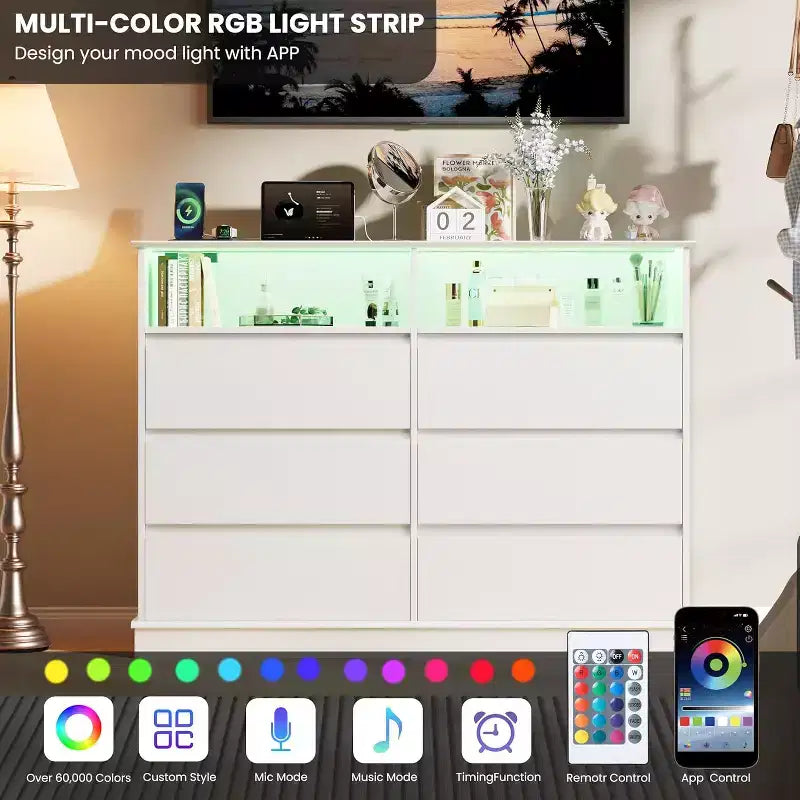 Comò bianco per camera da letto, Comò a 6 cassetti con luci a LED e stazione di ricarica, per soggiorno, corridoio