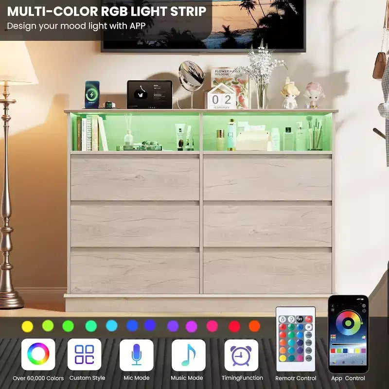 Comò bianco per camera da letto, Comò a 6 cassetti con luci a LED e stazione di ricarica, per soggiorno, corridoio