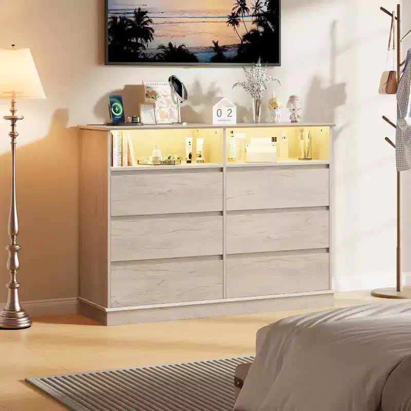Comò bianco per camera da letto, Comò a 6 cassetti con luci a LED e stazione di ricarica, per soggiorno, corridoio