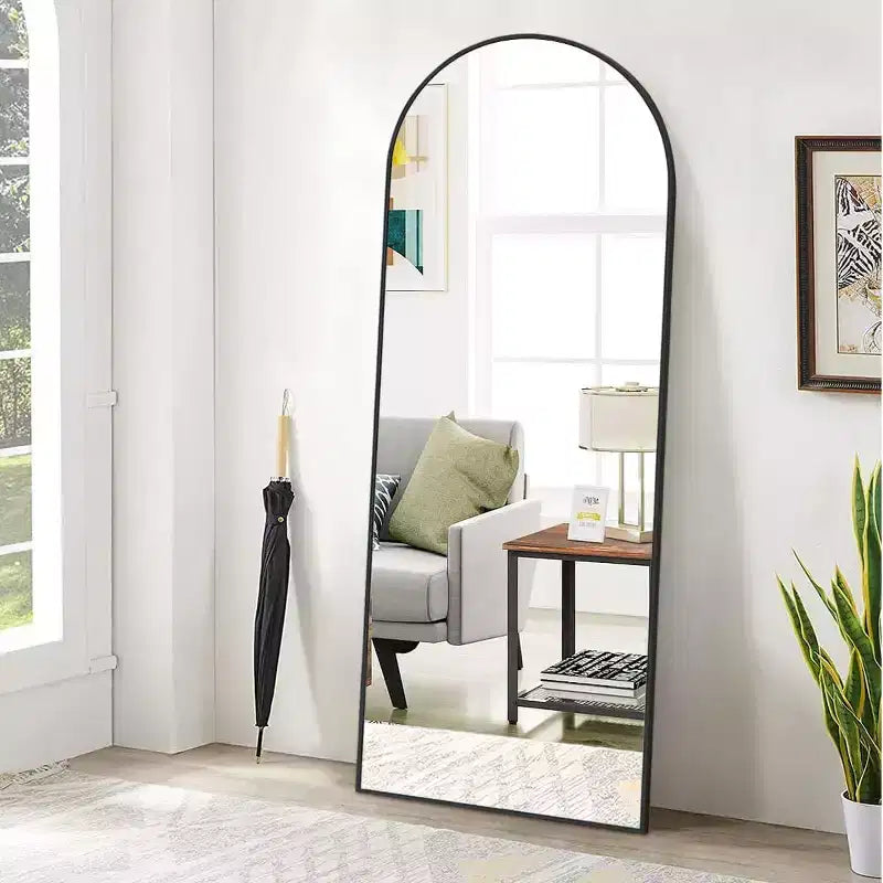66x25 Full Length Mirror, Wall Mirrors Hanging or Leaning Arched-Top Full Body Mirror with Stand for Bedroom, Dressing Room, Black