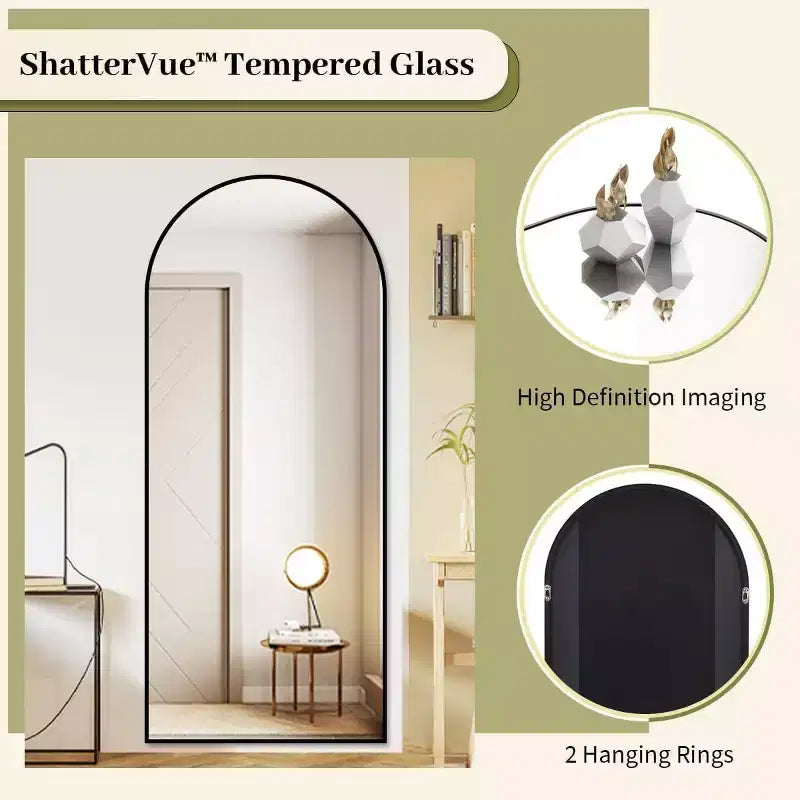 Specchio a figura intera 66x25, specchi da parete da appendere o da appoggiare a terra, specchio a figura intera con parte superiore ad arco e supporto per camera da letto, spogliatoio, nero