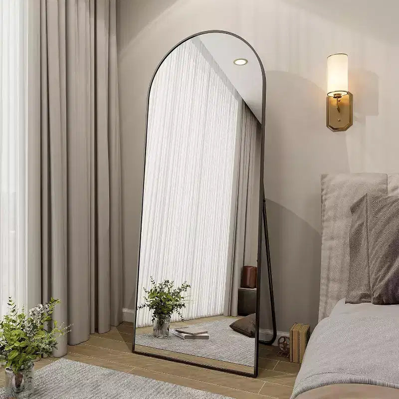 Specchio a figura intera 66x25, specchi da parete da appendere o da appoggiare a terra, specchio a figura intera con parte superiore ad arco e supporto per camera da letto, spogliatoio, nero