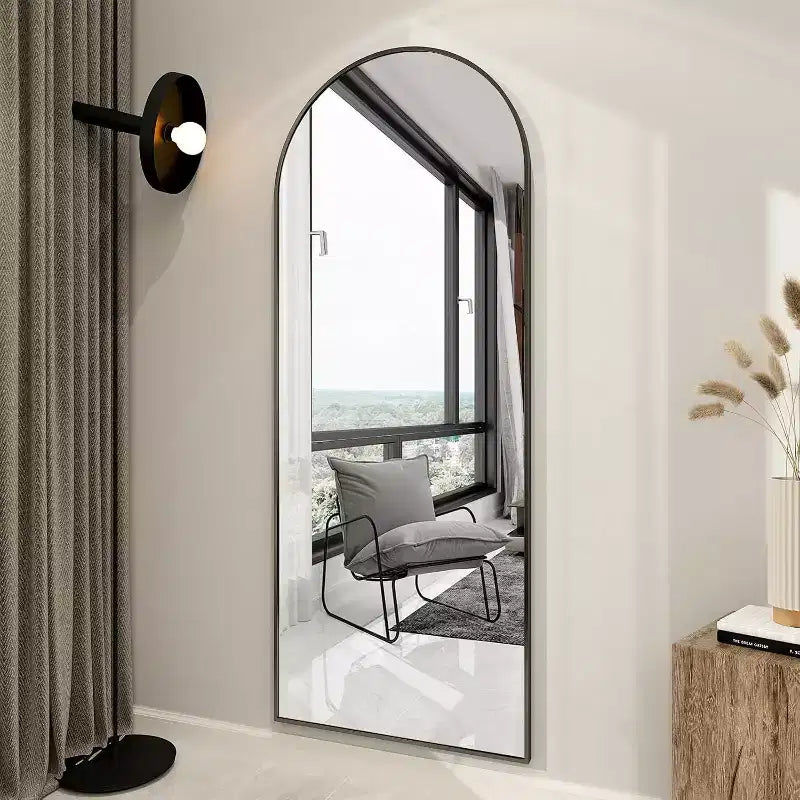 Specchio a figura intera 66x25, specchi da parete da appendere o da appoggiare a terra, specchio a figura intera con parte superiore ad arco e supporto per camera da letto, spogliatoio, nero