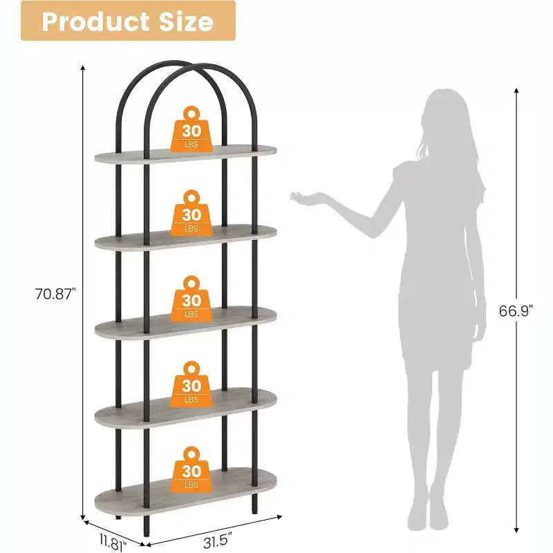 Libreria a 5 Ripiani, Scaffale ad Arco Alto 180 cm, Struttura in Metallo, Espositore Autoportante, per Camera da Leto, Soggiorno