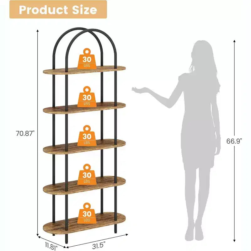Libreria a 5 Ripiani, Scaffale ad Arco Alto 180 cm, Struttura in Metallo, Espositore Autoportante, per Camera da Leto, Soggiorno