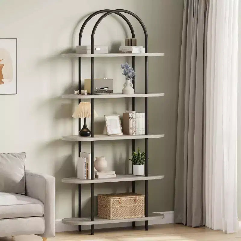 Libreria a 5 Ripiani, Scaffale ad Arco Alto 180 cm, Struttura in Metallo, Espositore Autoportante, per Camera da Leto, Soggiorno