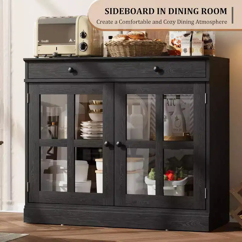 Credenza da cucina, buffet a 2 ante in vetro, cassetto in legno, pannello posteriore in MDF, mobile bar moderno con ripiano regolabile