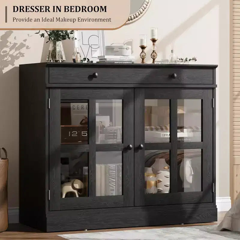Credenza da cucina, buffet a 2 ante in vetro, cassetto in legno, pannello posteriore in MDF, mobile bar moderno con ripiano regolabile
