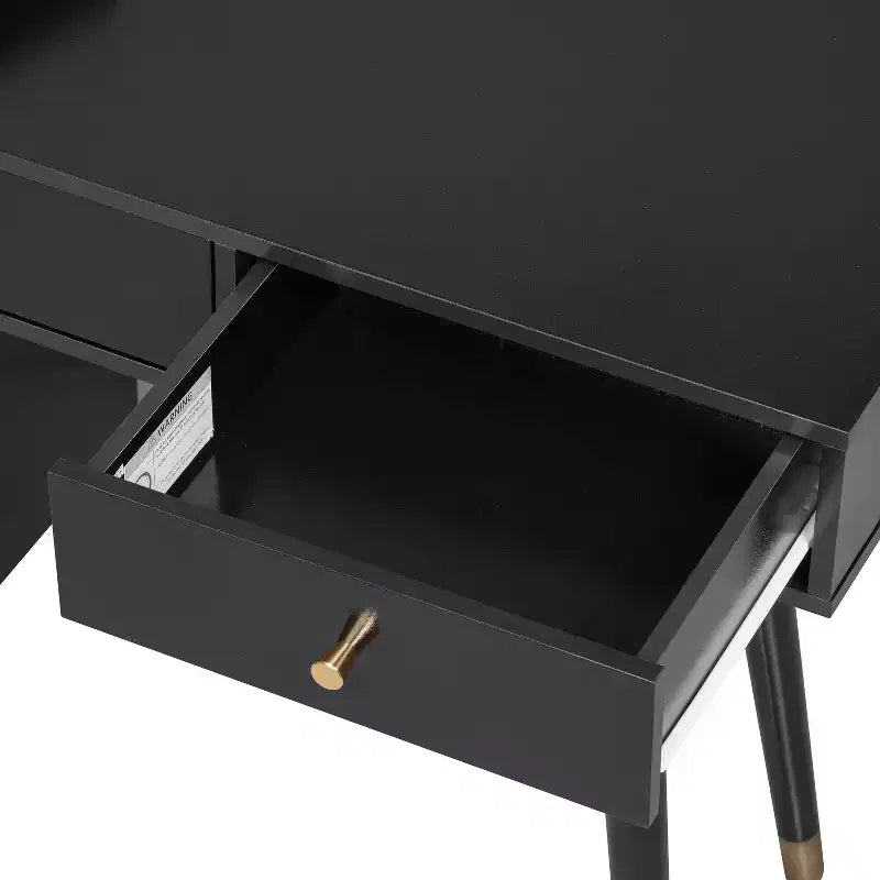 Toletta da trucco moderna con sgabello, cassetti, mobiletto e prese di ricarica, nero/noce - ModernLuxe