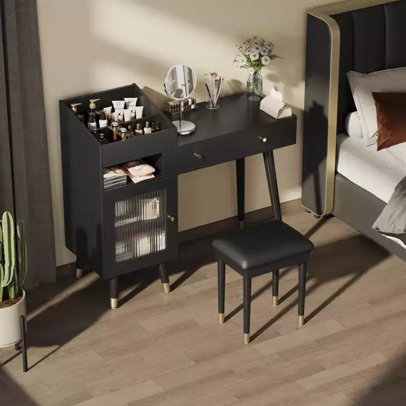 Toletta da trucco moderna con sgabello, cassetti, mobiletto e prese di ricarica, nero/noce - ModernLuxe