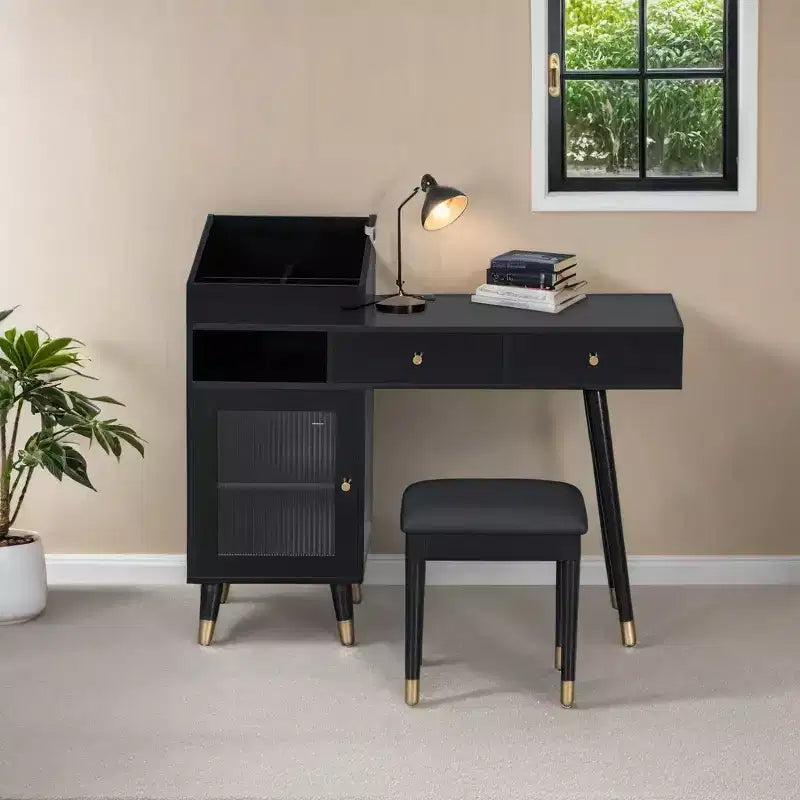 Toletta da trucco moderna con sgabello, cassetti, mobiletto e prese di ricarica, nero/noce - ModernLuxe