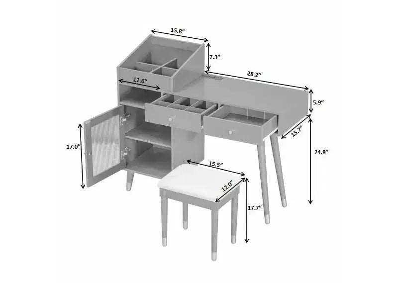 Toletta da trucco moderna con sgabello, cassetti, mobiletto e prese di ricarica, nero/noce - ModernLuxe