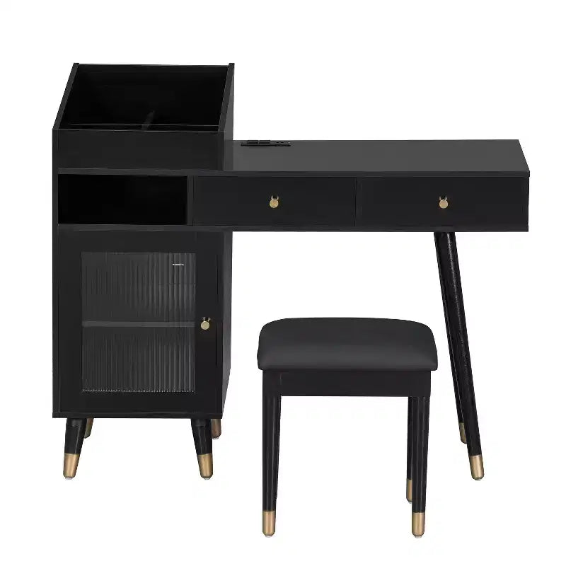 Toletta da trucco moderna con sgabello, cassetti, mobiletto e prese di ricarica, nero/noce - ModernLuxe