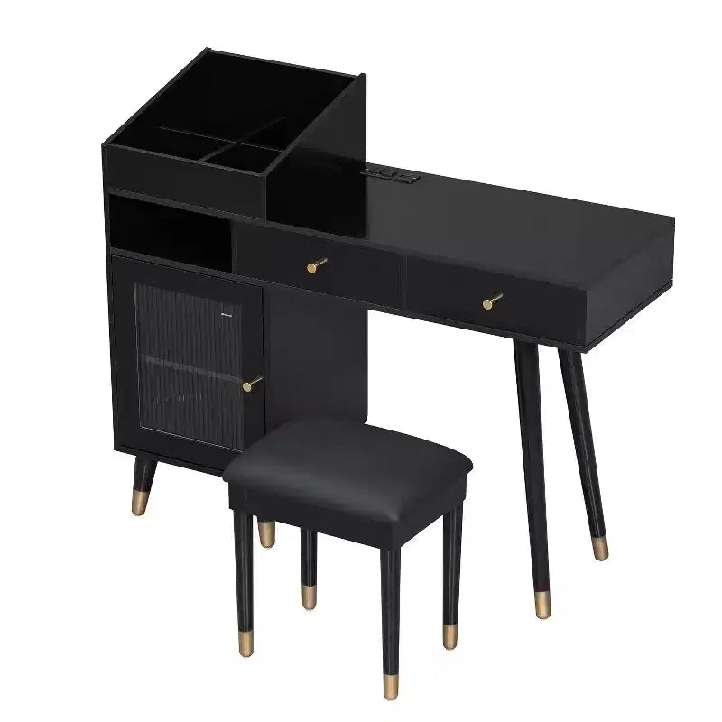 Toletta da trucco moderna con sgabello, cassetti, mobiletto e prese di ricarica, nero/noce - ModernLuxe
