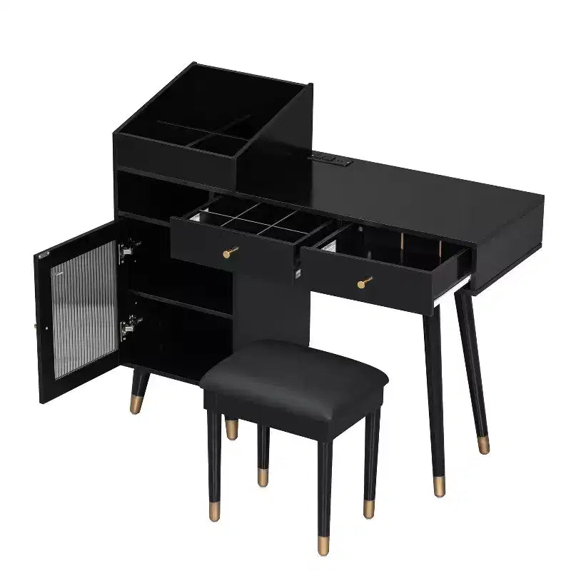 Toletta da trucco moderna con sgabello, cassetti, mobiletto e prese di ricarica, nero/noce - ModernLuxe