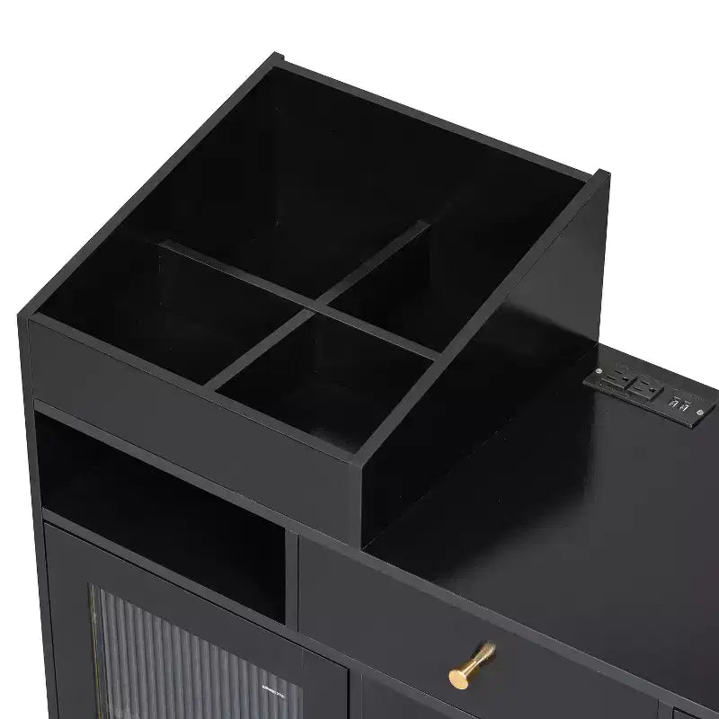 Toletta da trucco moderna con sgabello, cassetti, mobiletto e prese di ricarica, nero/noce - ModernLuxe