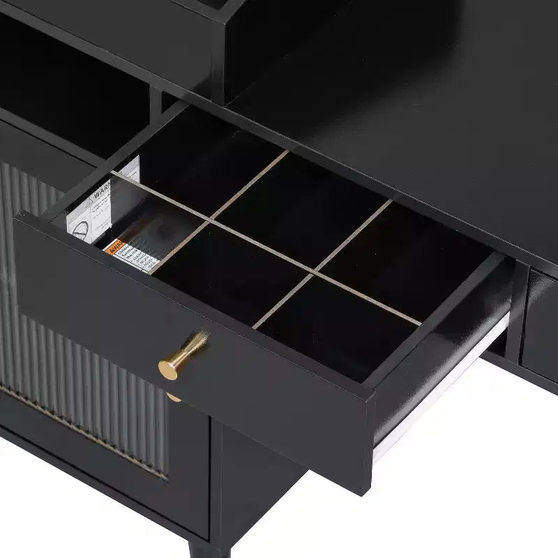 Toletta da trucco moderna con sgabello, cassetti, mobiletto e prese di ricarica, nero/noce - ModernLuxe