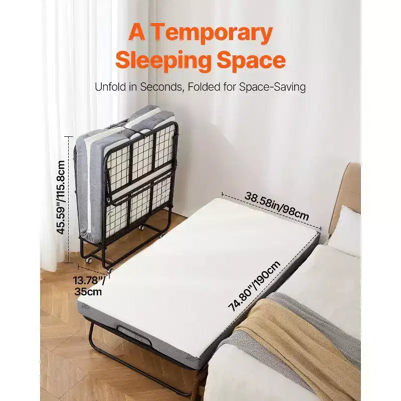VEVOR Letto Pieghevole, 38 x 75 pollici, con Materasso da 12,7 cm, Letto Singolo Pieghevole con Robusto Telaio in Metallo e Materasso in Memory Foam