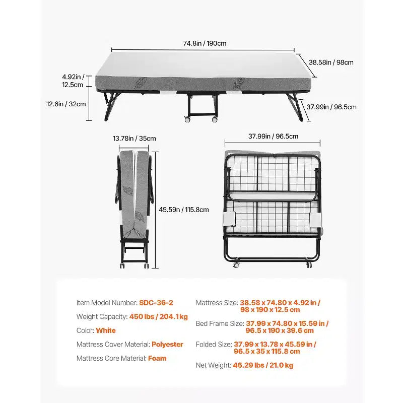 VEVOR Letto Pieghevole, 38 x 75 pollici, con Materasso da 12,7 cm, Letto Singolo Pieghevole con Robusto Telaio in Metallo e Materasso in Memory Foam