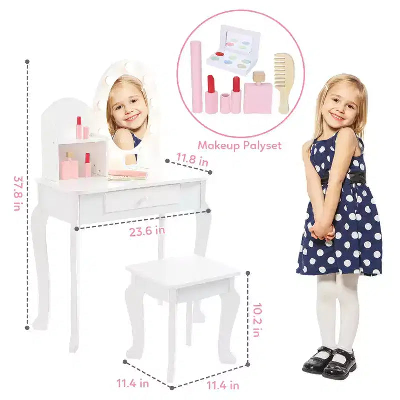 Set da toeletta per bambini con sgabello - Tavolo da trucco in legno da principessa con specchio, cosmetici giocattolo e contenitore