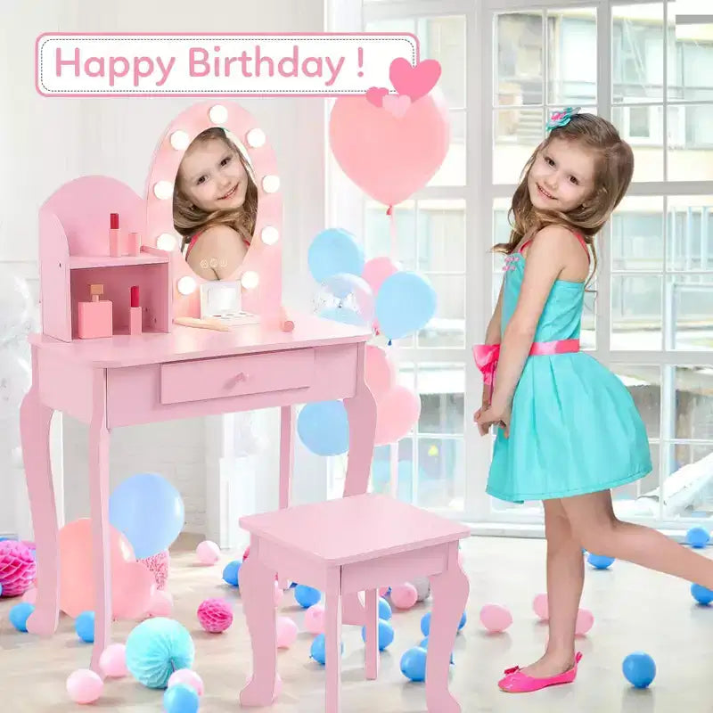 Set da toeletta per bambini con sgabello - Tavolo da trucco in legno da principessa con specchio, cosmetici giocattolo e contenitore