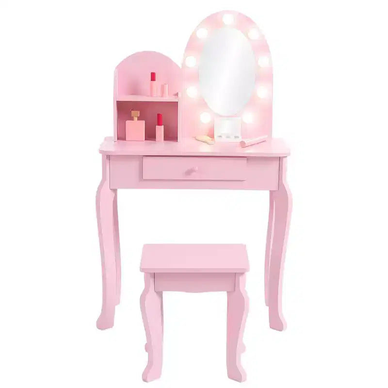 Set da toeletta per bambini con sgabello - Tavolo da trucco in legno da principessa con specchio, cosmetici giocattolo e contenitore