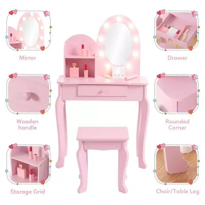 Set da toeletta per bambini con sgabello - Tavolo da trucco in legno da principessa con specchio, cosmetici giocattolo e contenitore