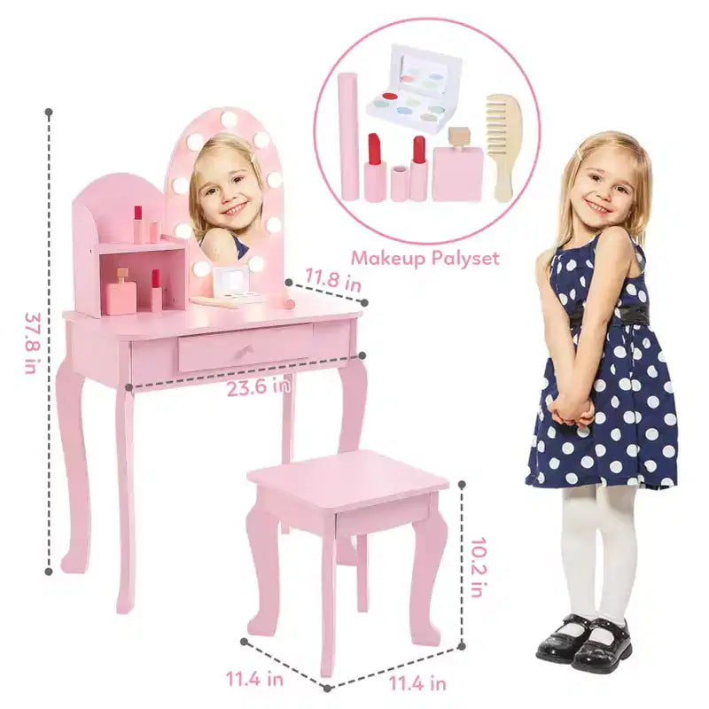 Set da toeletta per bambini con sgabello - Tavolo da trucco in legno da principessa con specchio, cosmetici giocattolo e contenitore