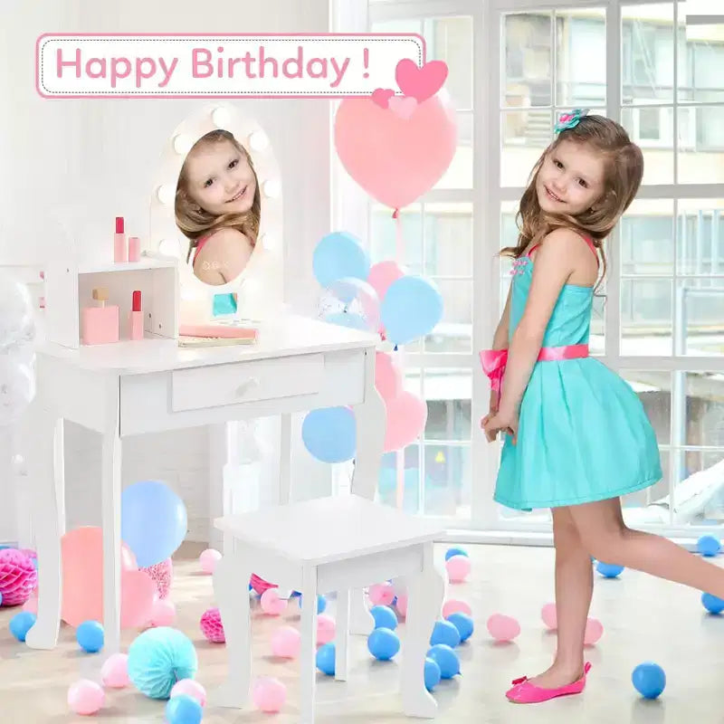 Set da toeletta per bambini con sgabello - Tavolo da trucco in legno da principessa con specchio, cosmetici giocattolo e contenitore