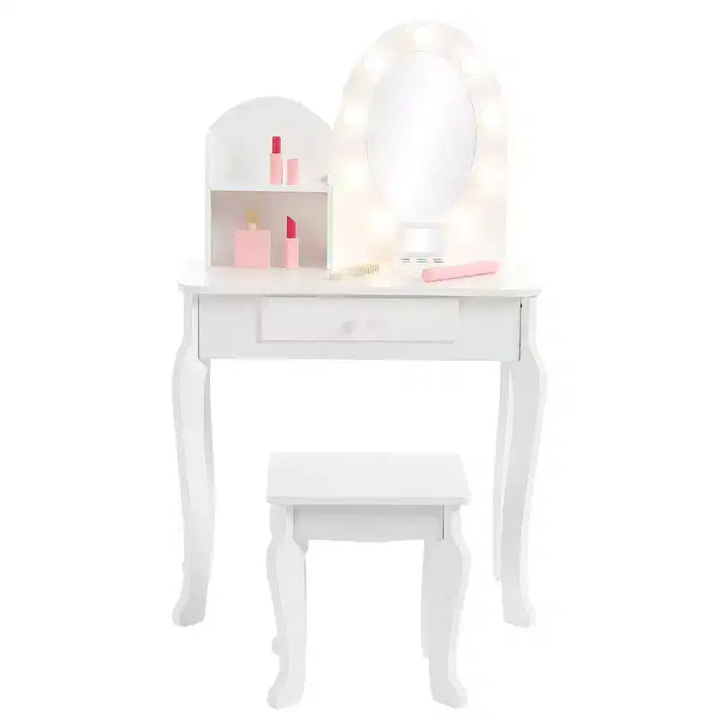 Set da toeletta per bambini con sgabello - Tavolo da trucco in legno da principessa con specchio, cosmetici giocattolo e contenitore