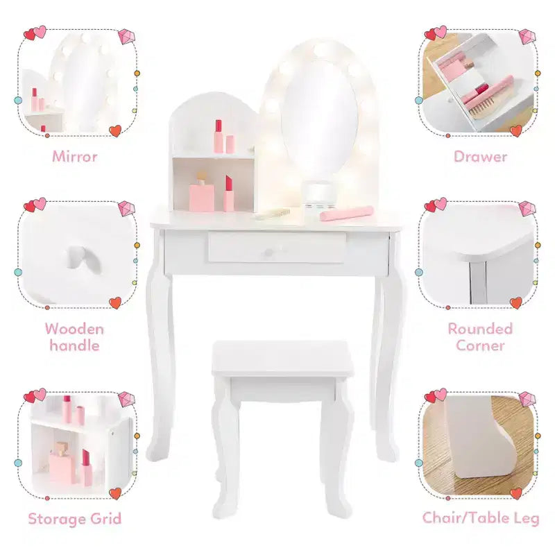 Set da toeletta per bambini con sgabello - Tavolo da trucco in legno da principessa con specchio, cosmetici giocattolo e contenitore