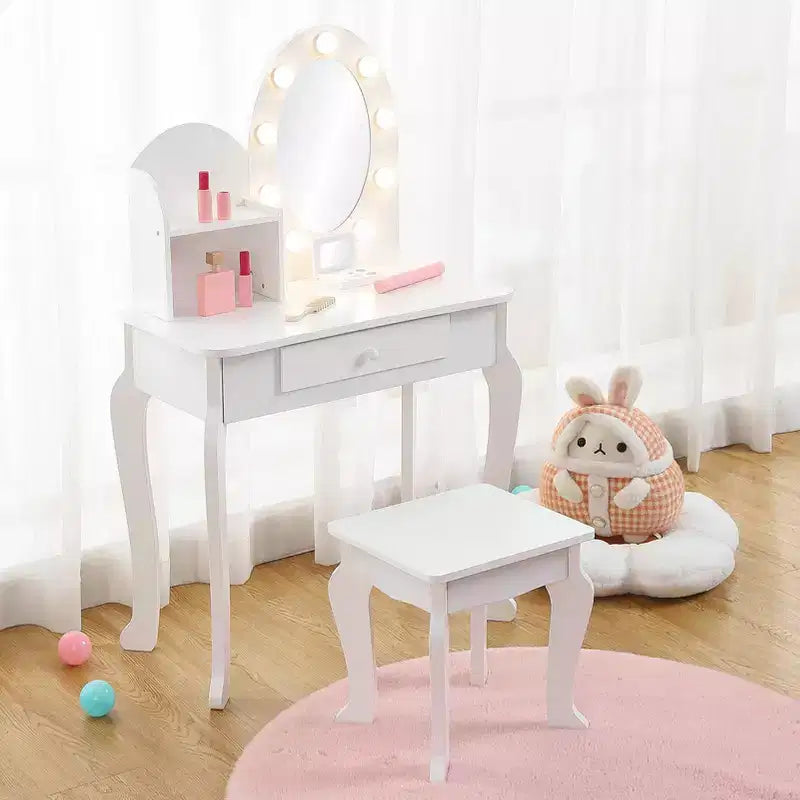 Set da toeletta per bambini con sgabello - Tavolo da trucco in legno da principessa con specchio, cosmetici giocattolo e contenitore