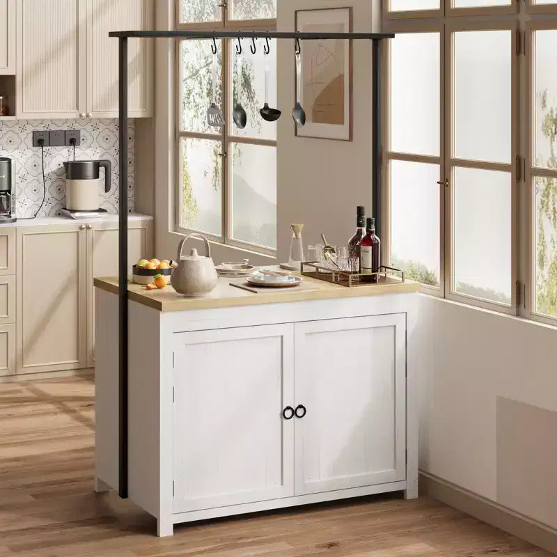Isola da Cucina 42" con Contenitore, Tavolo Multifunzionale con Ripiani a 2 Livelli, Bancone da Cucina con 5 Ganci, Bianco e Naturale