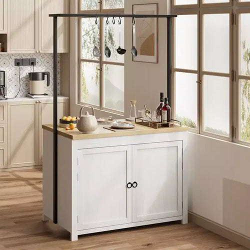 Isola da Cucina 42" con Contenitore, Tavolo Multifunzionale con Ripiani a 2 Livelli, Bancone da Cucina con 5 Ganci, Bianco e Naturale