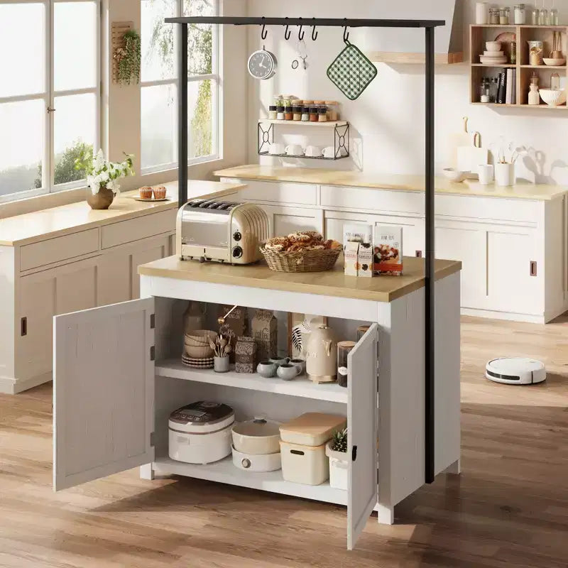 Isola da Cucina 42" con Contenitore, Tavolo Multifunzionale con Ripiani a 2 Livelli, Bancone da Cucina con 5 Ganci, Bianco e Naturale