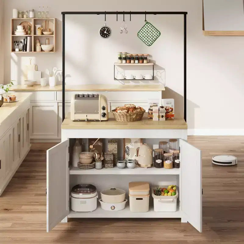 Isola da Cucina 42" con Contenitore, Tavolo Multifunzionale con Ripiani a 2 Livelli, Bancone da Cucina con 5 Ganci, Bianco e Naturale