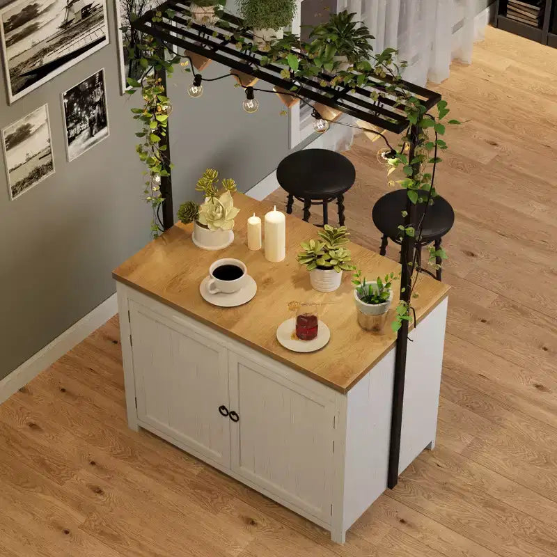 Isola da Cucina 42" con Contenitore, Tavolo Multifunzionale con Ripiani a 2 Livelli, Bancone da Cucina con 5 Ganci, Bianco e Naturale