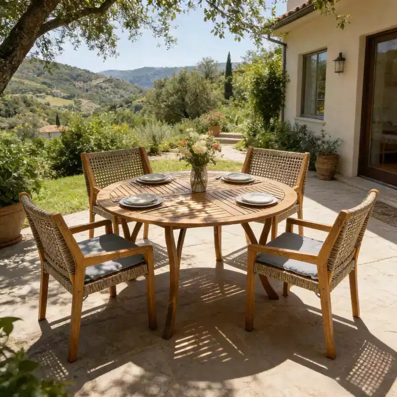 Set da pranzo da esterno Neva Christopher Knight Home da 5 pezzi in legno di acacia e vimini con cuscini resistenti all'acqua
