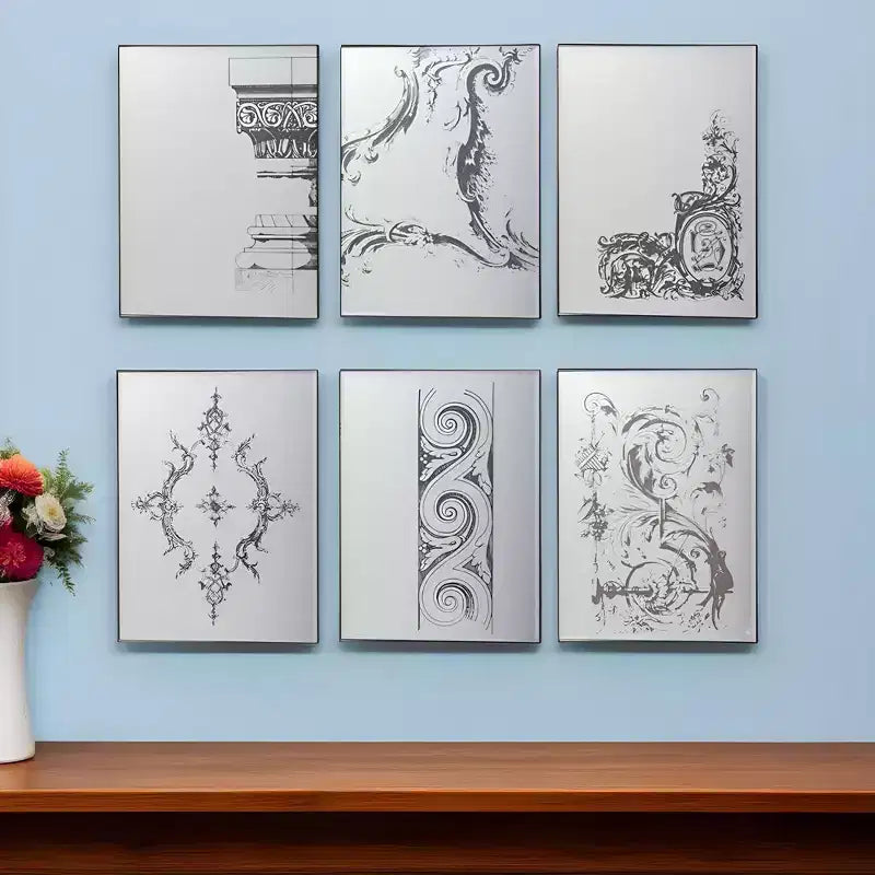 HomeRoots Set di Sei Specchi Decorativi Antichizzati con Cornice in Metallo Nero