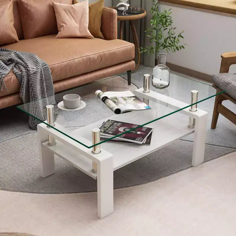 Tavolino Rettangolare, Piano in Vetro Temperato con Strato in MDF, Tavolo Moderno per Salotto, Vetro Trasparente