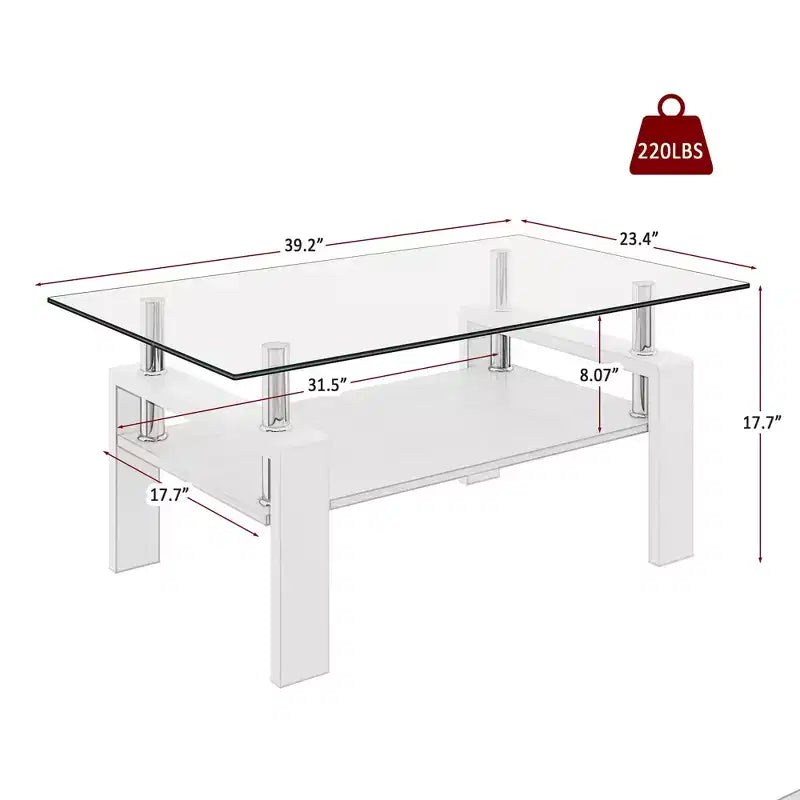 Tavolino Rettangolare, Piano in Vetro Temperato con Strato in MDF, Tavolo Moderno per Salotto, Vetro Trasparente