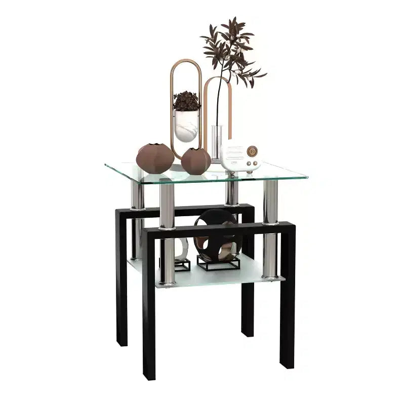 Tavolino da tè/caffè/d'appoggio moderno in vetro temperato, quadrato, per soggiorno, trasparente/nero