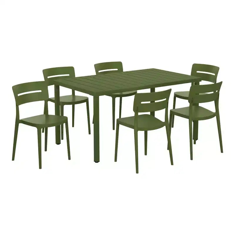 Set da pranzo WestinTrends Playa da 7 pezzi per esterni, tavolo rettangolare in metallo e sedie impilabili per patio