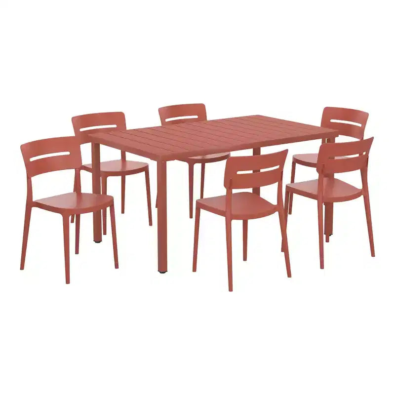 Set da pranzo WestinTrends Playa da 7 pezzi per esterni, tavolo rettangolare in metallo e sedie impilabili per patio