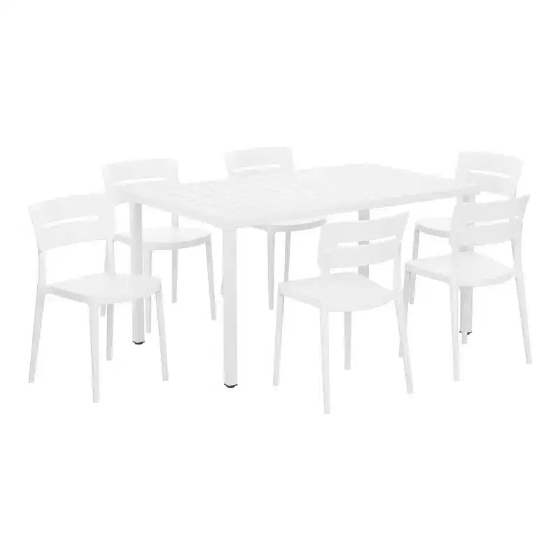Set da pranzo WestinTrends Playa da 7 pezzi per esterni, tavolo rettangolare in metallo e sedie impilabili per patio
