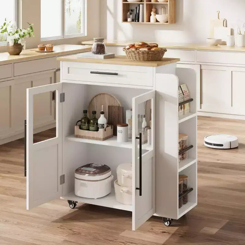 Isola da Cucina in Legno con Ruote e Cassetto, Carrello da Cucina con Mobile Contenitore su Ruote, Isola Carrello con Top in Legno Spesso e 3 Portaspezie