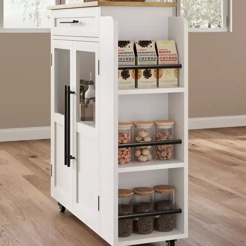 Isola da Cucina in Legno con Ruote e Cassetto, Carrello da Cucina con Mobile Contenitore su Ruote, Isola Carrello con Top in Legno Spesso e 3 Portaspezie