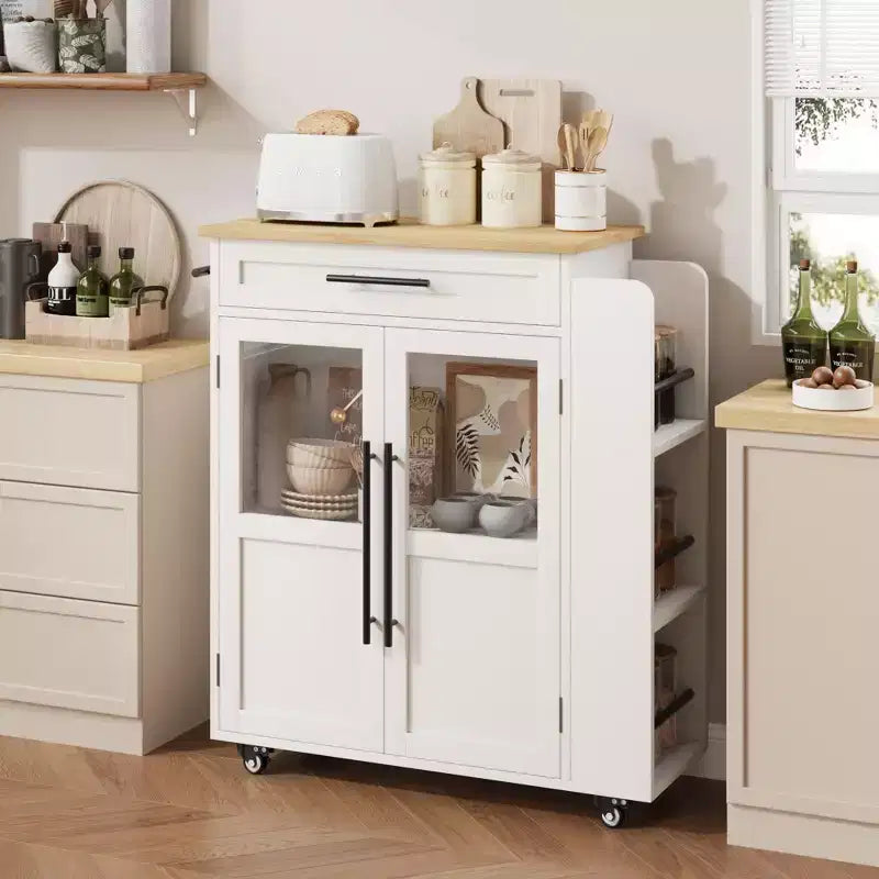 Isola da Cucina in Legno con Ruote e Cassetto, Carrello da Cucina con Mobile Contenitore su Ruote, Isola Carrello con Top in Legno Spesso e 3 Portaspezie