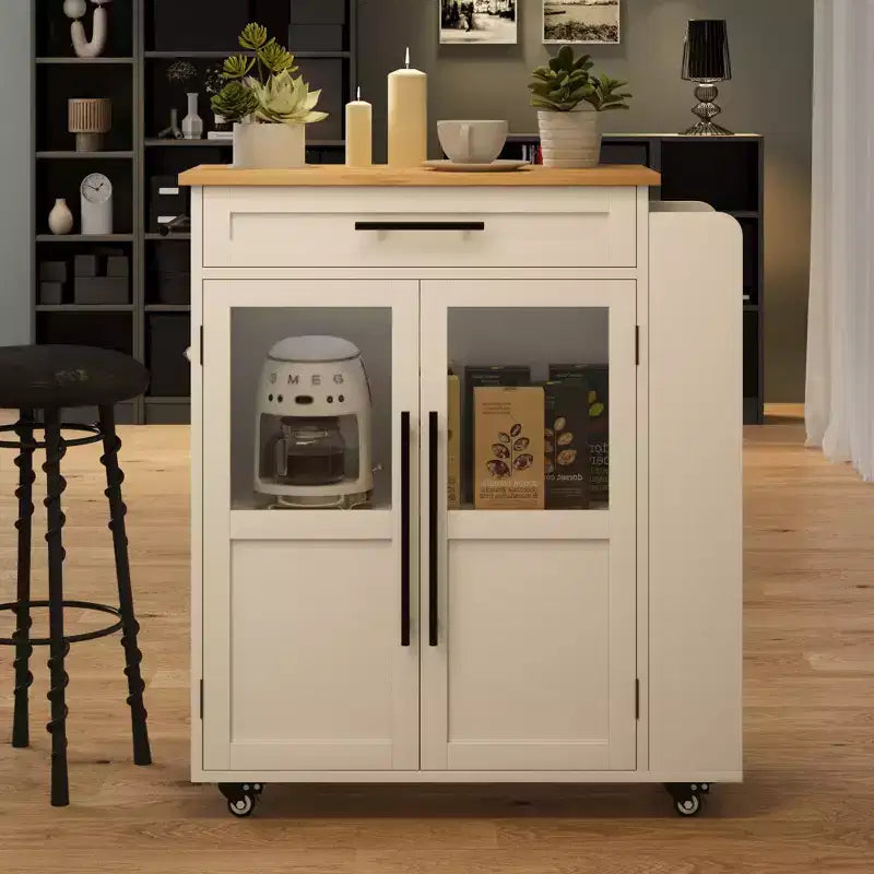 Isola da Cucina in Legno con Ruote e Cassetto, Carrello da Cucina con Mobile Contenitore su Ruote, Isola Carrello con Top in Legno Spesso e 3 Portaspezie