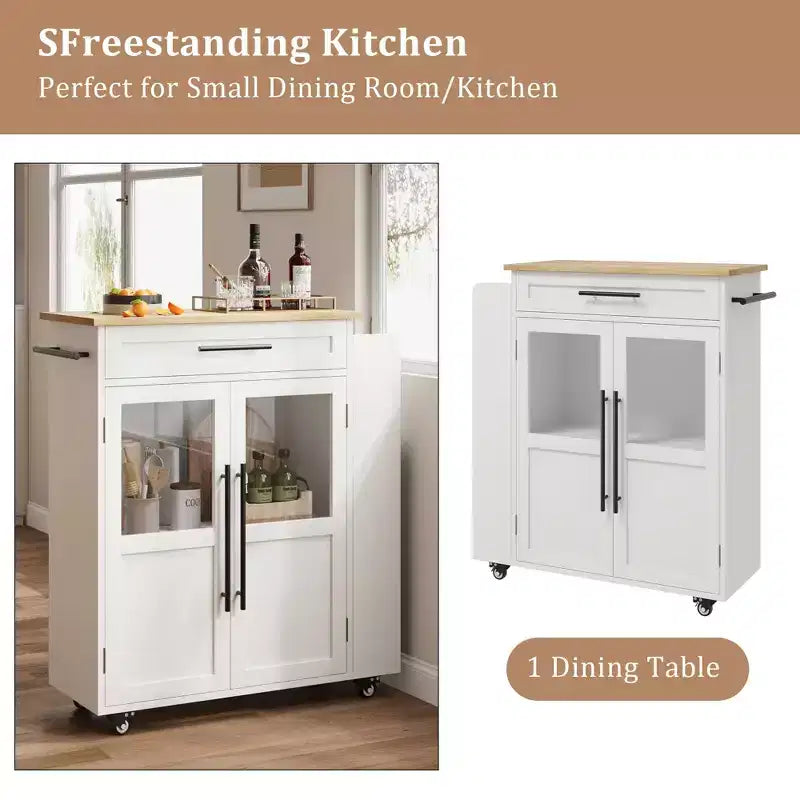 Isola da Cucina in Legno con Ruote e Cassetto, Carrello da Cucina con Mobile Contenitore su Ruote, Isola Carrello con Top in Legno Spesso e 3 Portaspezie